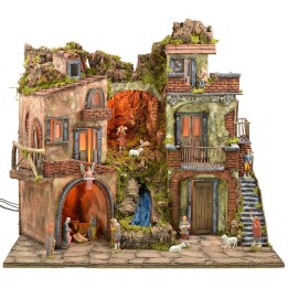 Pesebre iluminado estilo '700 con cascada completo de estatuas