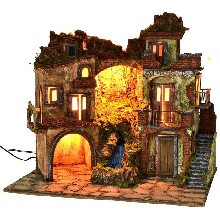 Illuminated Nativity Scene 18th Century Style with Waterfall cm 70x50x64 h