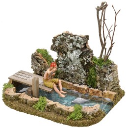 Estanque de pesebre con pescador Landi efecto profundidad