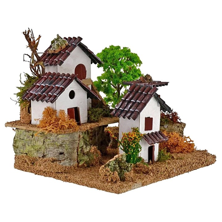 Casitas para belén en dos niveles con árbol de 15x19x14 cm de