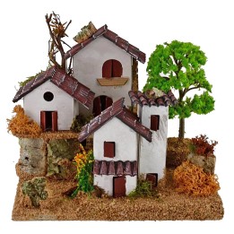 Casitas para belén en dos niveles con árbol de 15x19x14 cm de