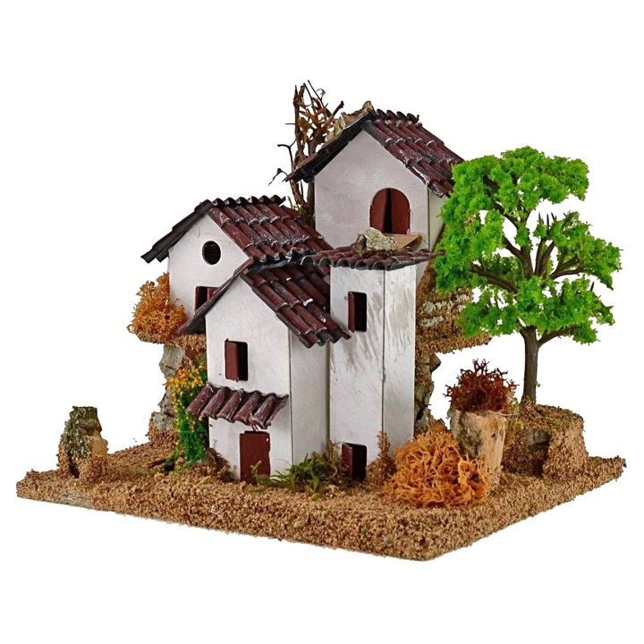 Casitas para belén en dos niveles con árbol de 15x19x14 cm de