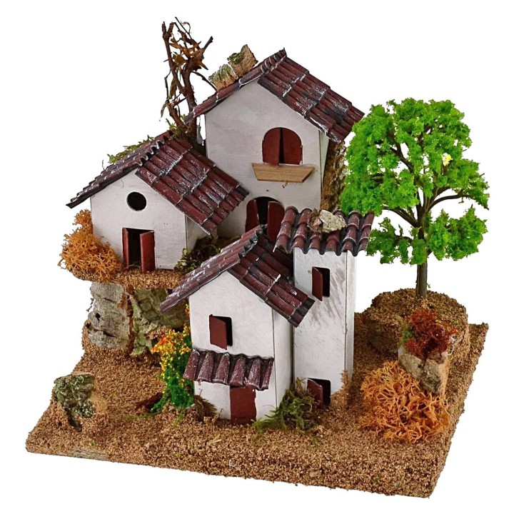 Casitas para belén en dos niveles con árbol de 15x19x14 cm de