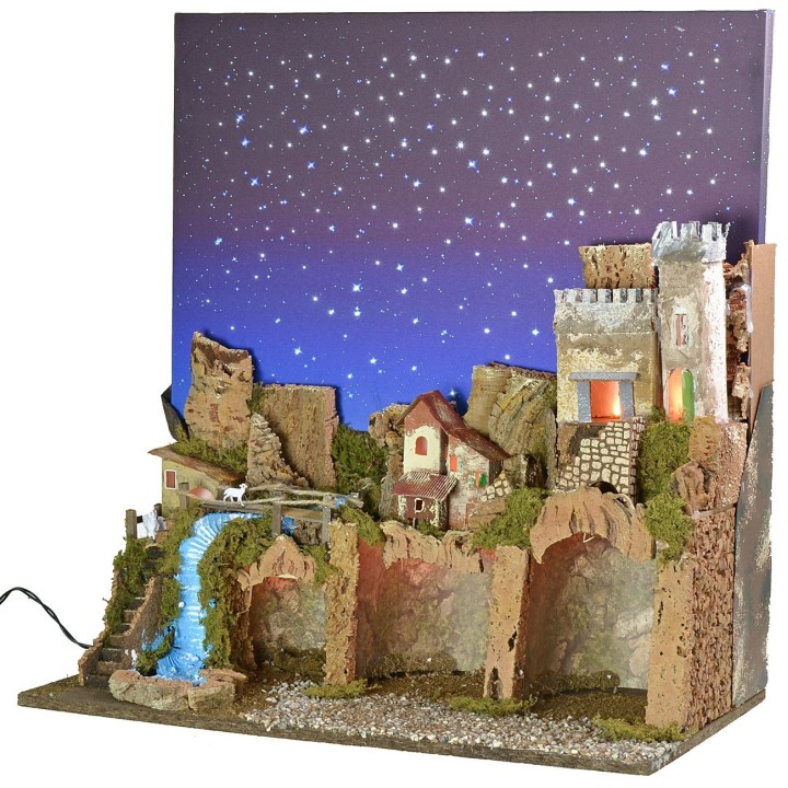Pesebre iluminado con cielo estrellado de fibra óptica cm