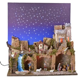 Pesebre iluminado con cielo estrellado de fibra óptica completo