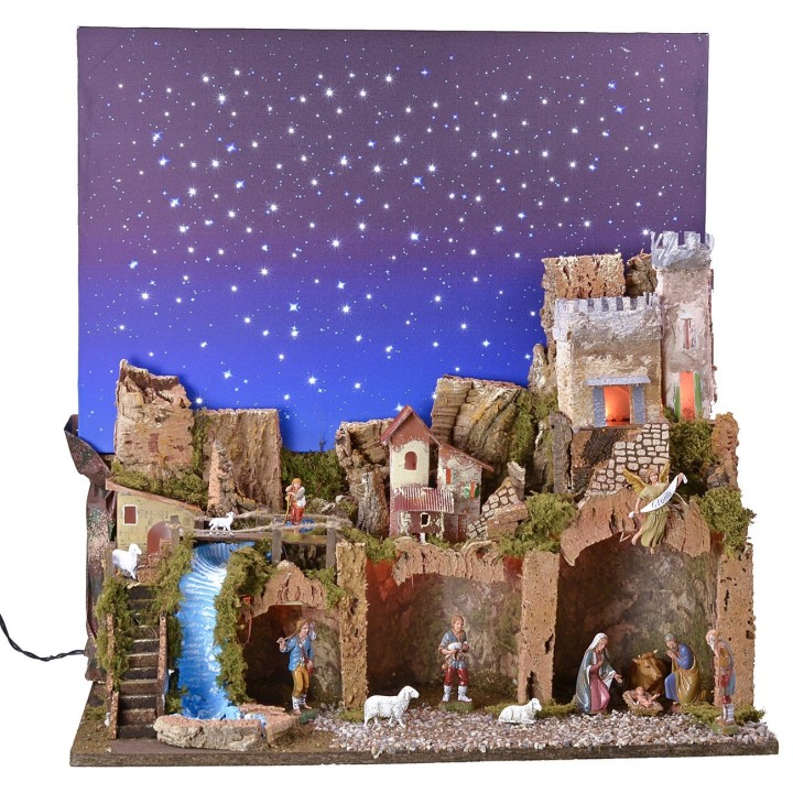 Presepe illuminato con cielo stellato a fibre ottiche completo
