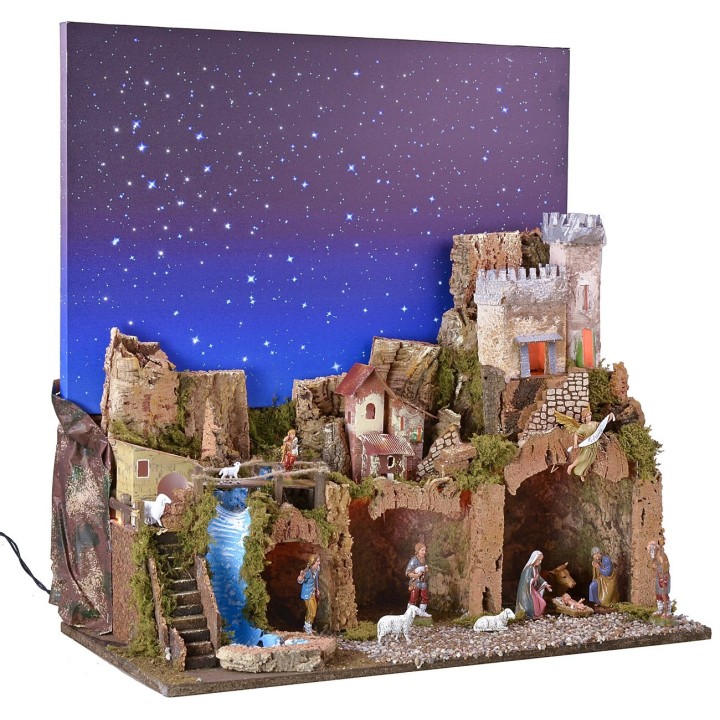 Illuminated nativity scene with starry sky and complete fiber optics