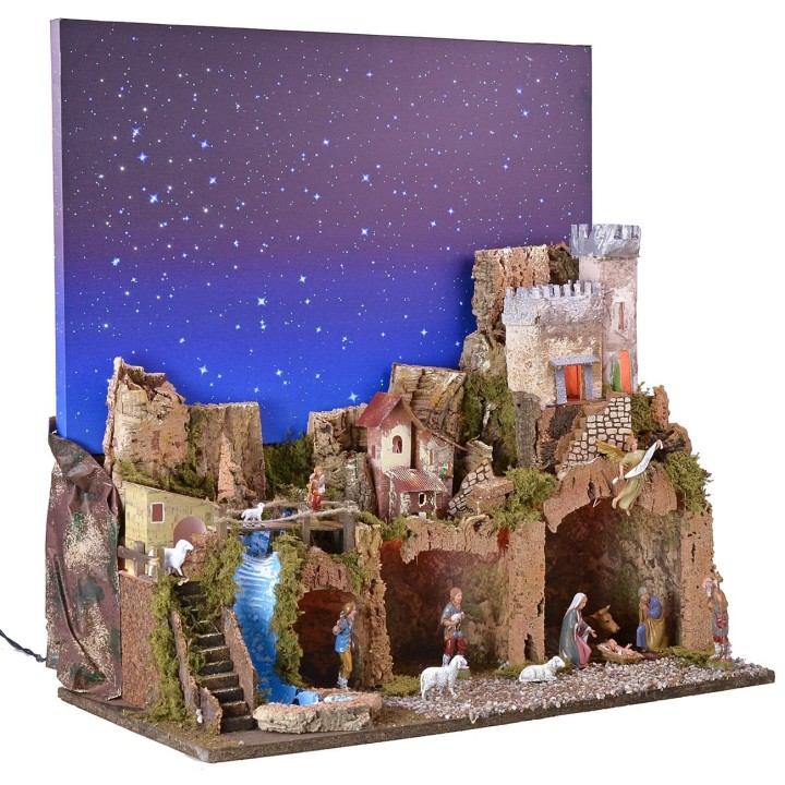 Presepe illuminato con cielo stellato a fibre ottiche completo