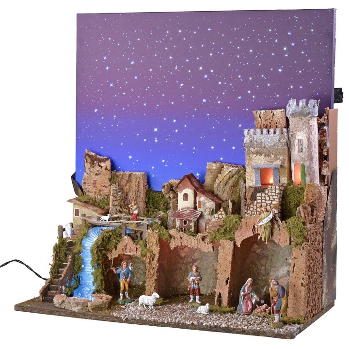 Presepe illuminato con cielo stellato a fibre ottiche completo