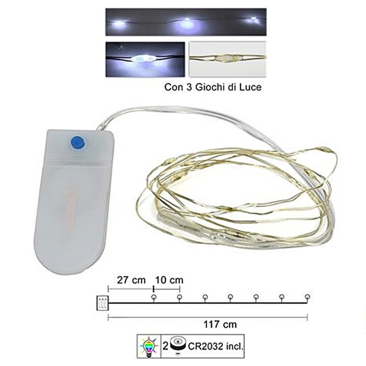 10 Micro led bianco freddo con giochi di luce e pile incluse