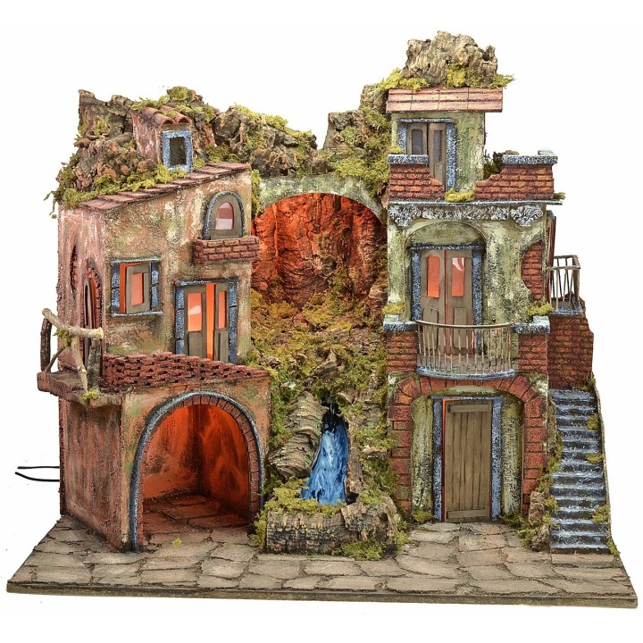 Presepe illuminato stile '700 con cascata cm 70x50x64 h