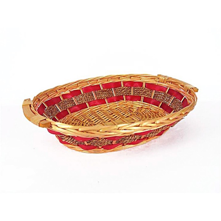 Cesta ovalada de mimbre claro con decoración roja de 50x41x15