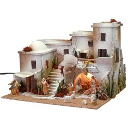 Belén de estilo árabe con tienda completo de luces y estatuas