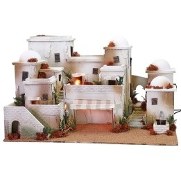 Nativity scene in Palestinian style complete with lights and fountain