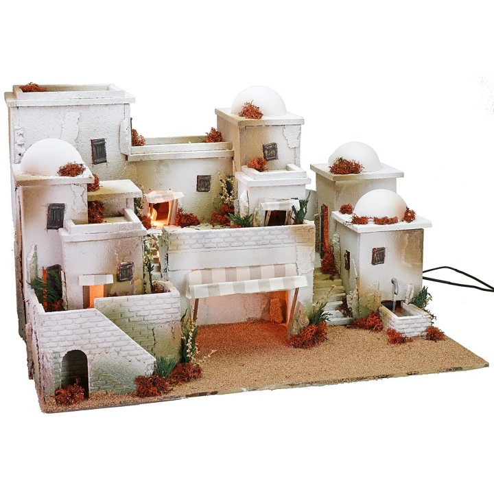 Nativity scene in Palestinian style complete with lights and fountain