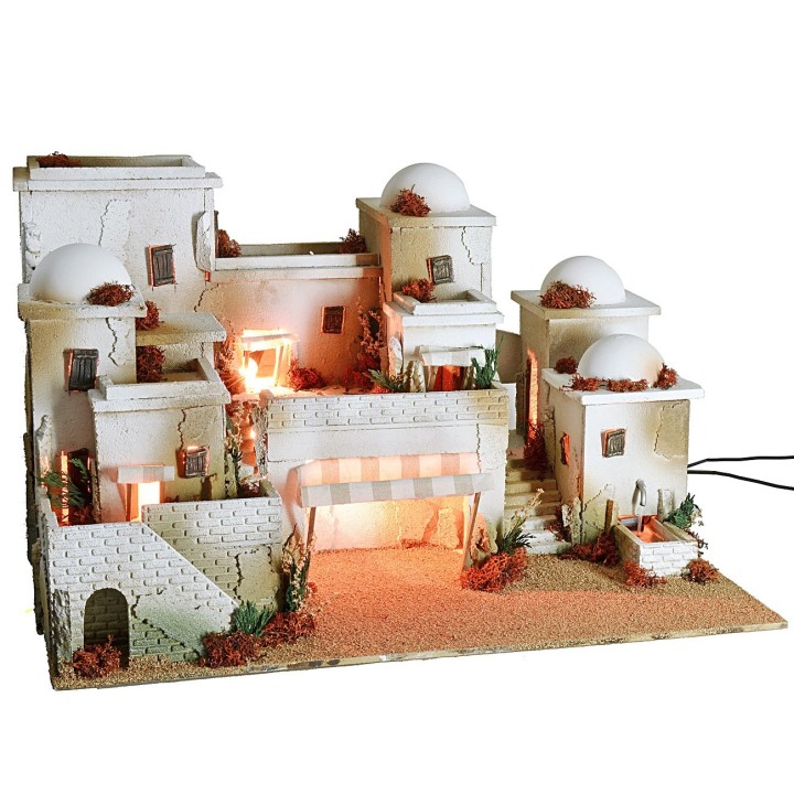 Pesebre en estilo palestino completo con luces y fuente