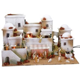 Presepe in stile palestinese completo di luci, fontana