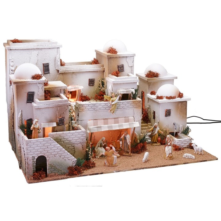 Pesebre de estilo palestino completo con luces, fuente
