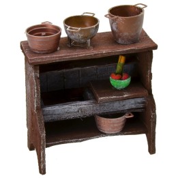 Fregadero de madera envejecida con ollas de 9x4,5x11 cm h