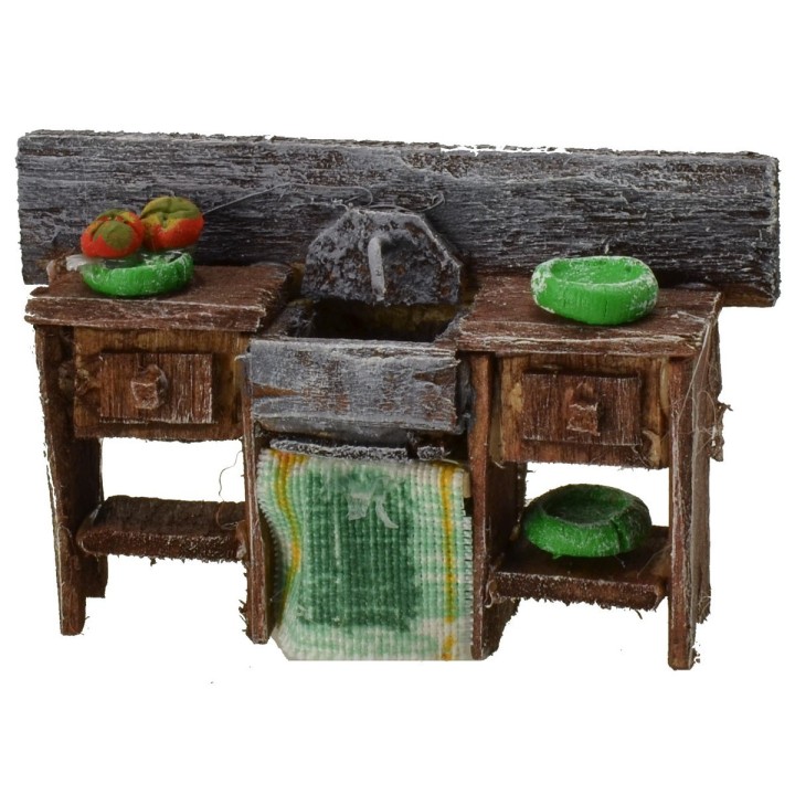 Antiqued wooden sink with colored plates cm 6,5x2x4 h