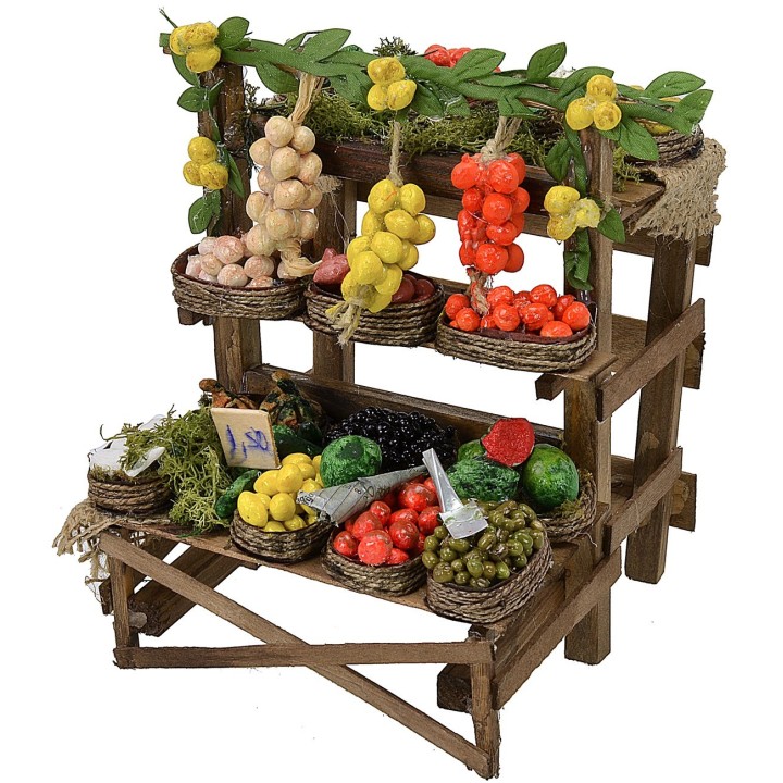 Puesto de mercado para belén con frutas y verduras