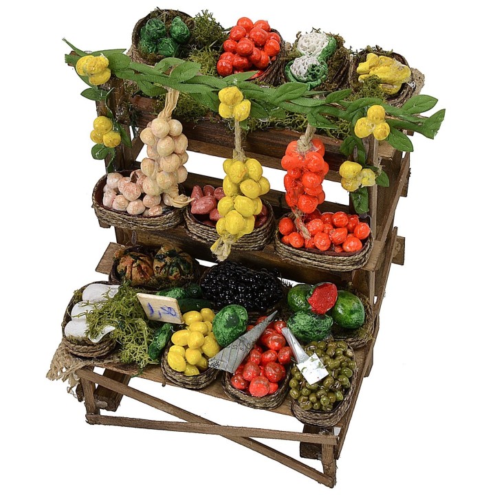 Puesto de mercado para belén con frutas y verduras