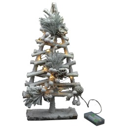 Albero innevato di legno con luci e pigne h 40cm