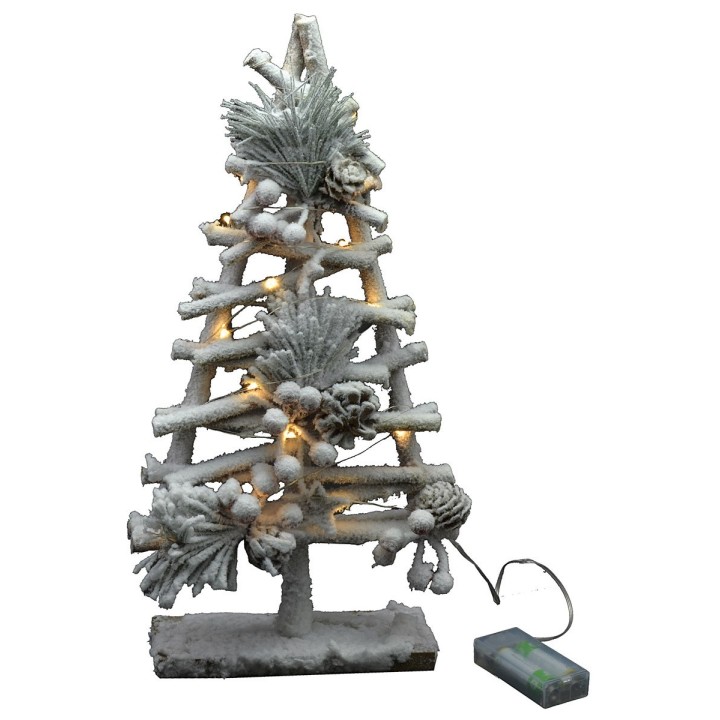 Albero innevato di legno con luci e pigne h 40cm