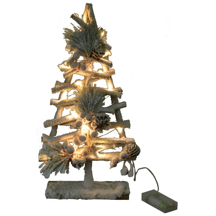 Albero innevato di legno con luci e pigne h 40cm