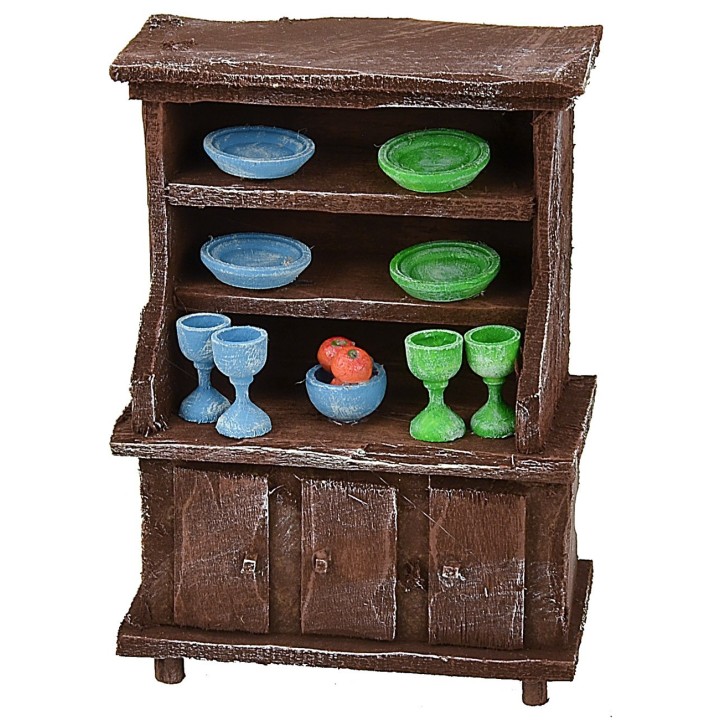 Sideboard in antiqued wood with colored porcelain cm 8,6x4,6x12h