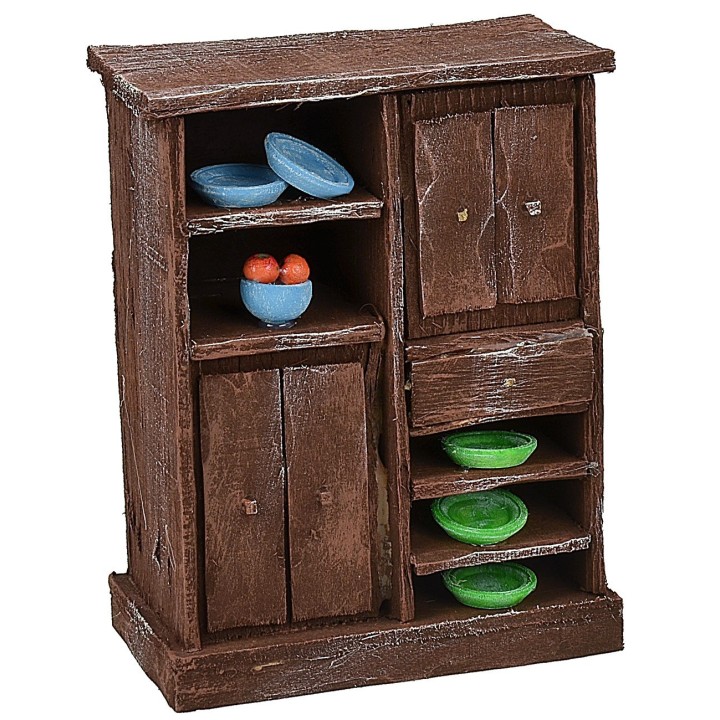 Credenza in legno antichizzato con porcellane colorate cm