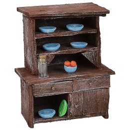 Credenza in legno antichizzato con porcellane colorate cm