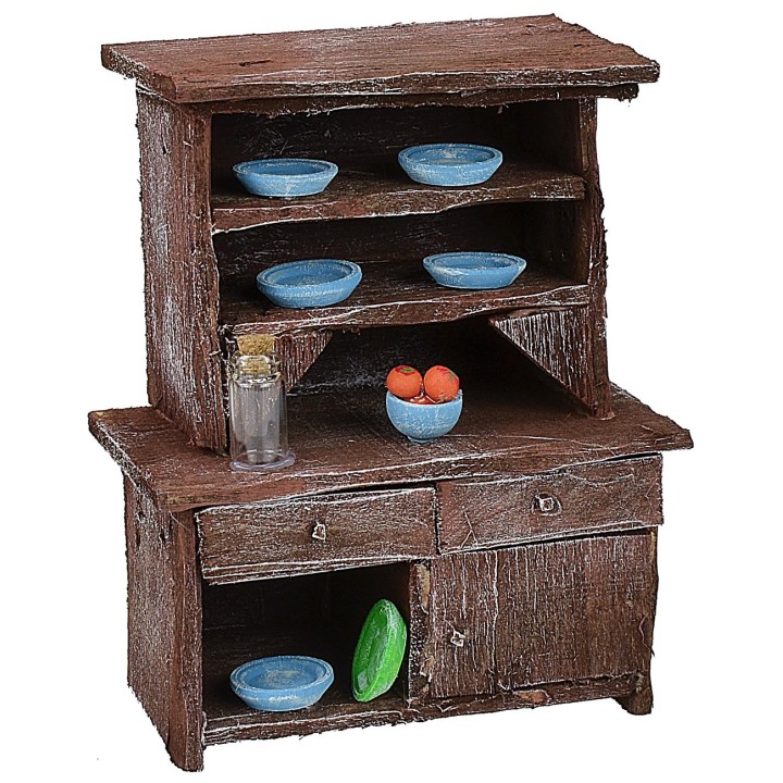 Credenza in legno antichizzato con porcellane colorate cm