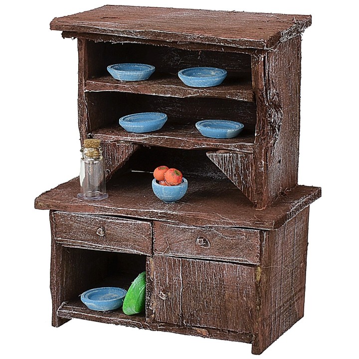 Aparador de madera envejecida con porcelanas de colores cm