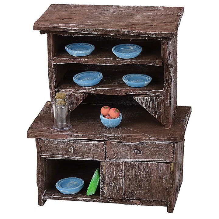 Aparador de madera envejecida con porcelanas de colores cm