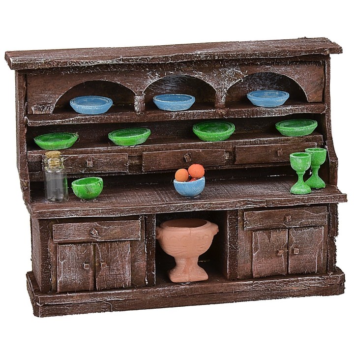 Aparador de madera envejecida con porcelanas cm 15,5x5x12 h