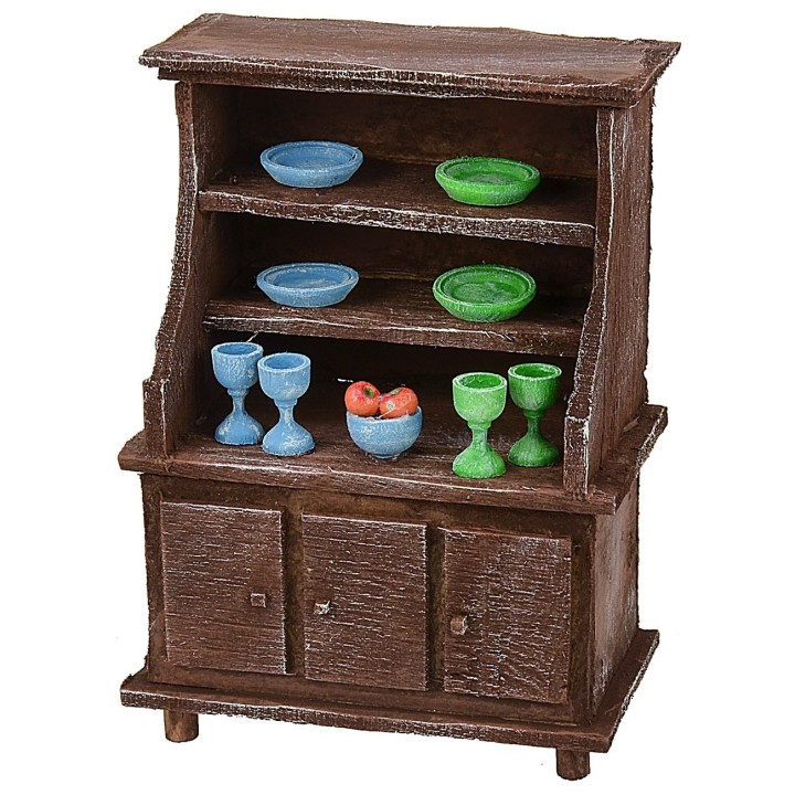 Credenza in legno antichizzato con porcellane colorate cm