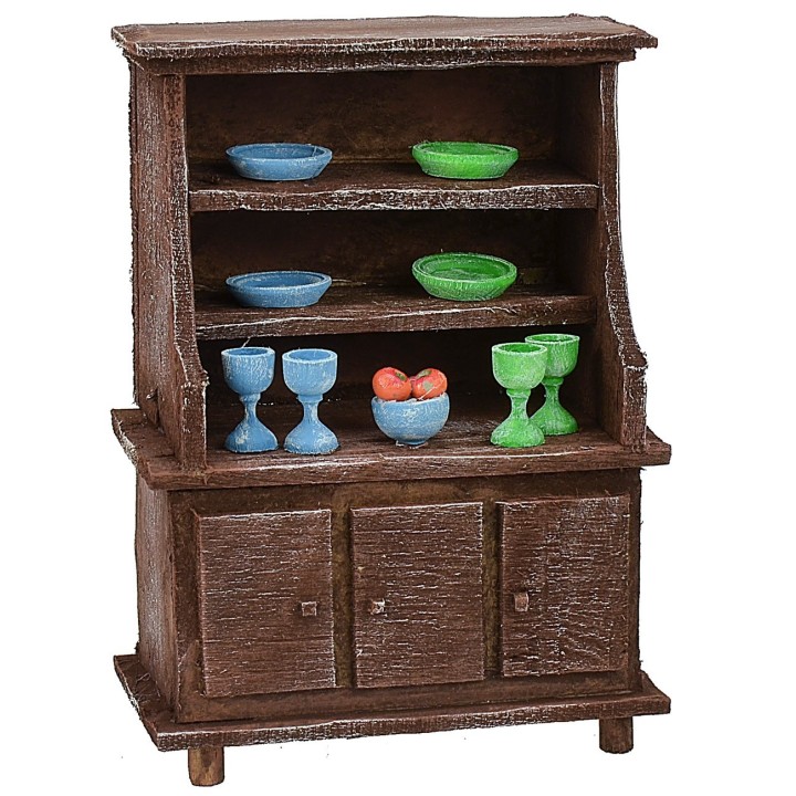 Credenza in legno antichizzato con porcellane colorate cm