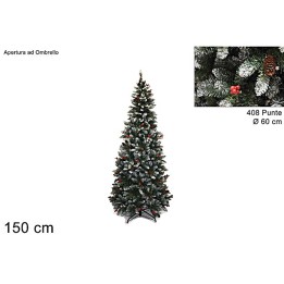 Albero innevato con pigne e bacche h 150 cm a 408 punte