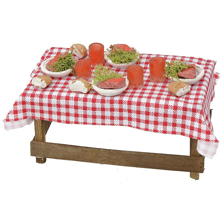 Wooden table with tablecloth and dishes cm 13x6,5x5 h