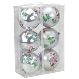Juego de 6 bolas plateadas con Papá Noel ø 8 cm para árbol de