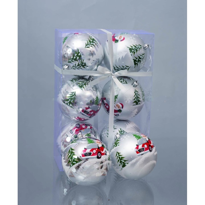 Juego de 6 bolas plateadas con Papá Noel ø 10 cm para árbol de