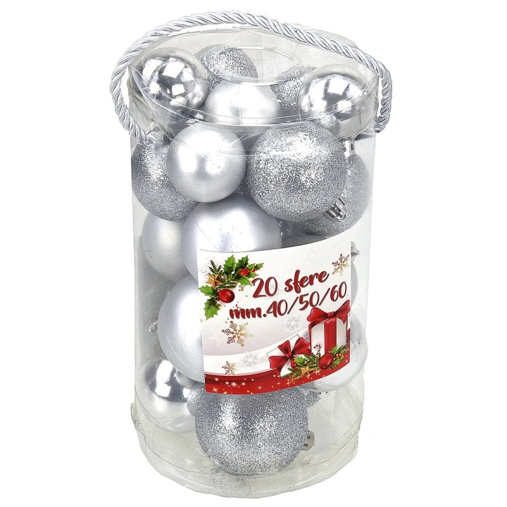 Conjunto de 20 bolas plateadas ø 4-5-6 cm para árbol de Navidad.