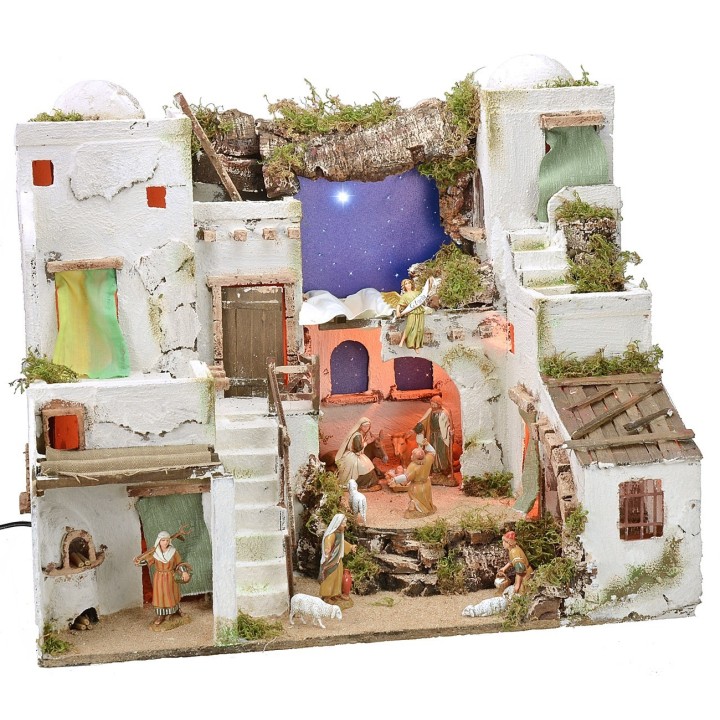 Presepe arabo illuminato con cielo stellato, forno e statue cm