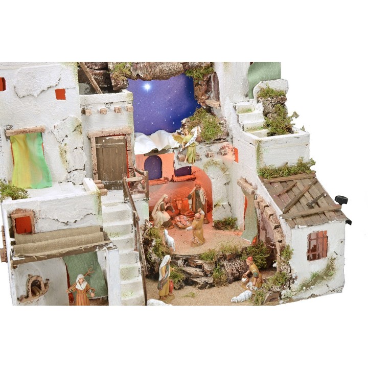 Illuminated Arab nativity scene with starry sky, oven, and statues cm