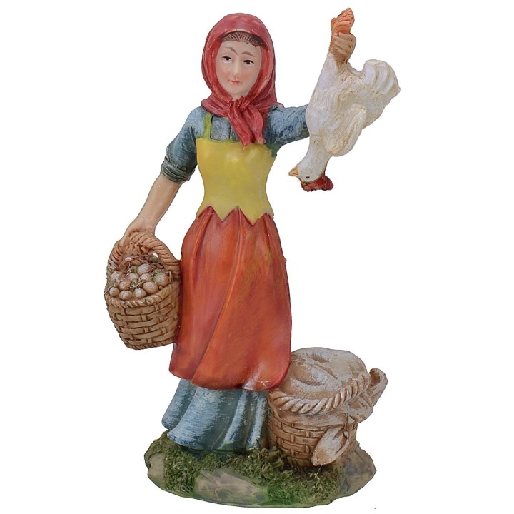 Peasant woman with baskets and resin hen 15 cm