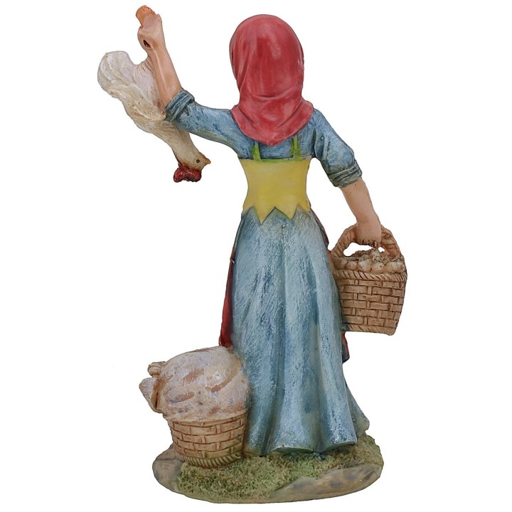 Peasant woman with baskets and resin hen 15 cm