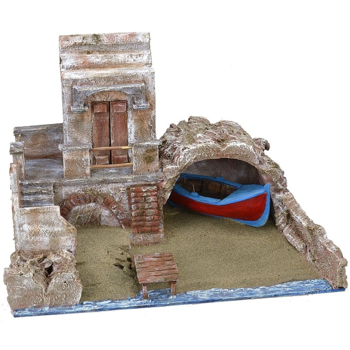 Waterfront scenography with boat cm 49x30x35,5 h