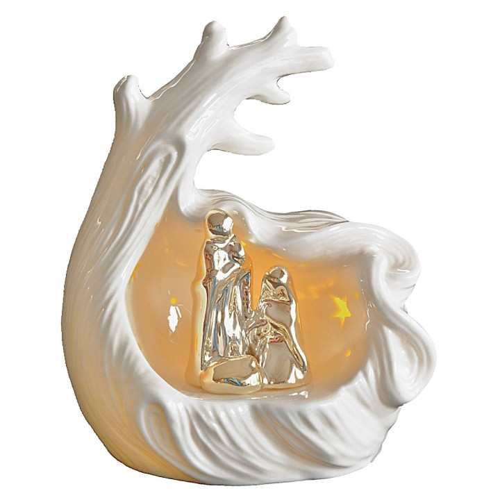Porcelain nativity and grotto with light cm 14x11,7x17,5 h
