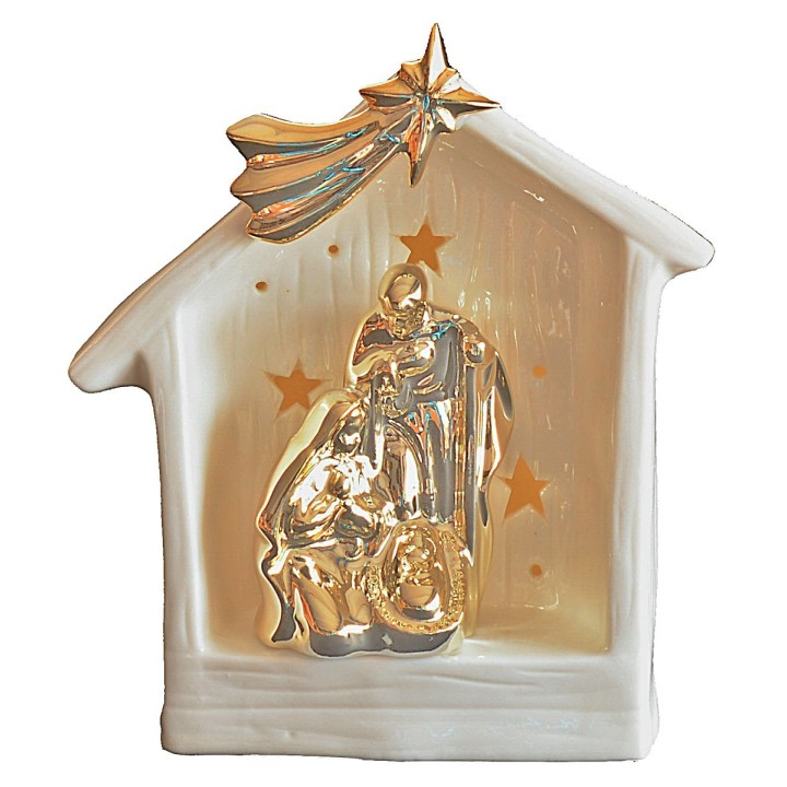 Nativity and hut in porcelain with light 15.5x9.2x18.2 h cm